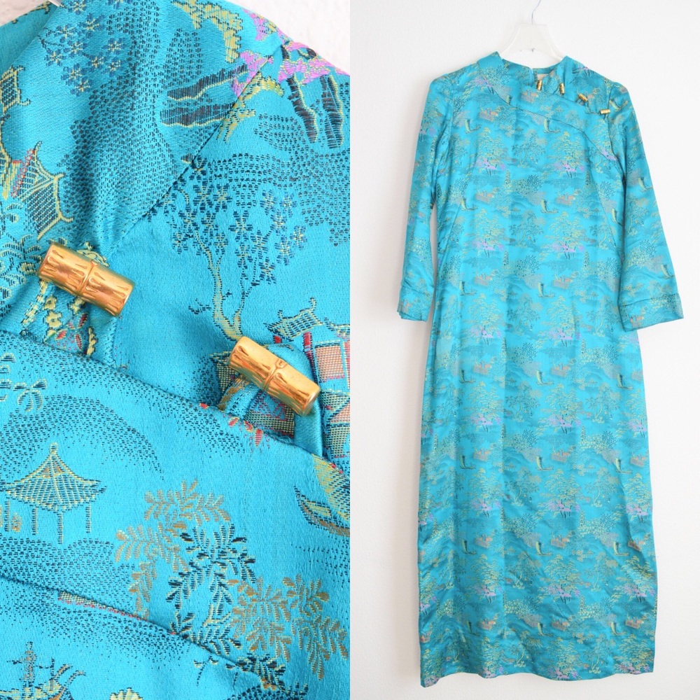 🎏 Vintage Teal Blue Asian Print Kimono Dress